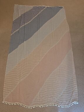 LOFT Multi-Color Diagonal Stripe Lightweight Scarf/Wrap with White Pom Pom Trim